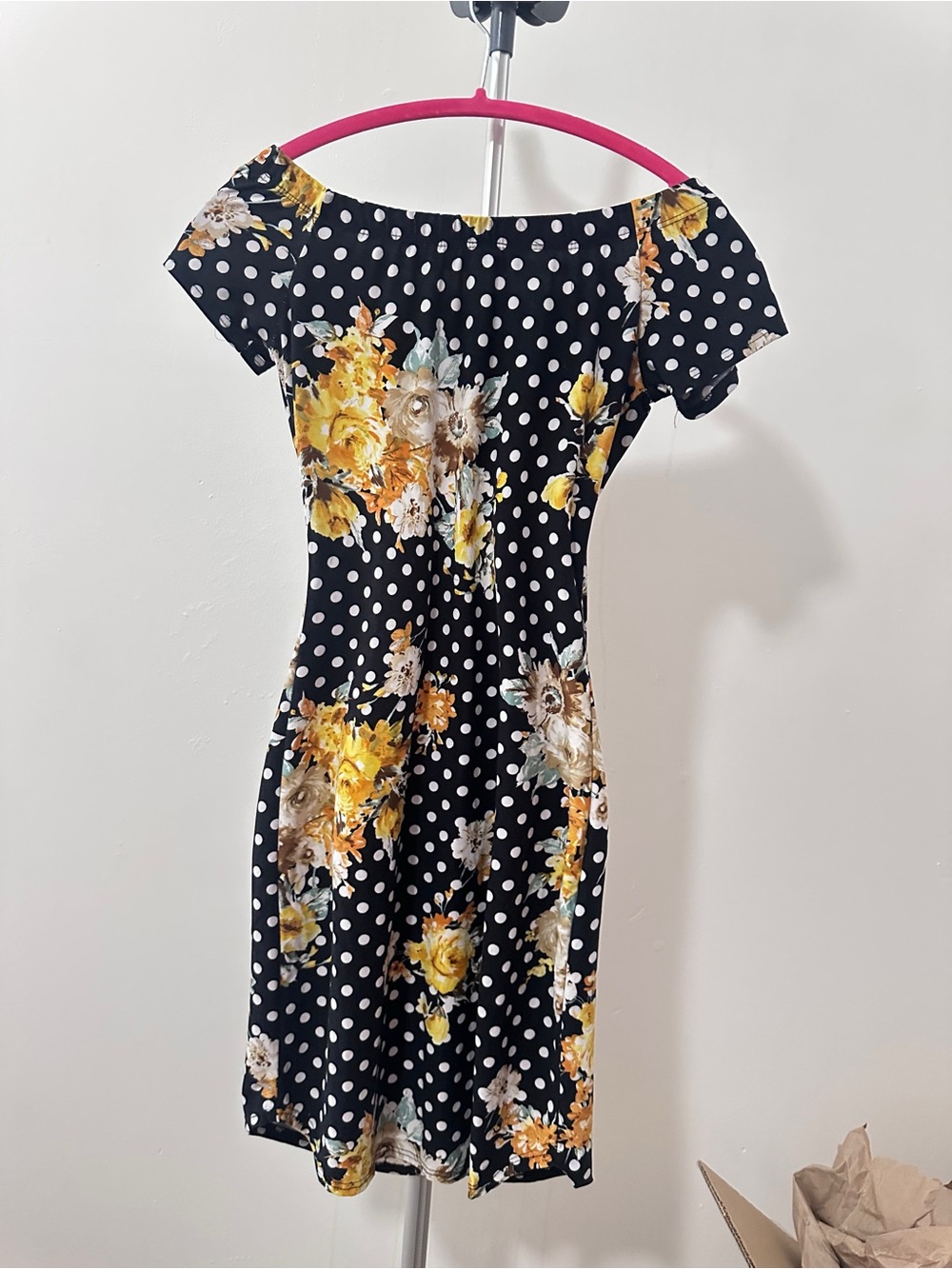 Black Polka Dot Midi Dress with Yellow Floral Accents